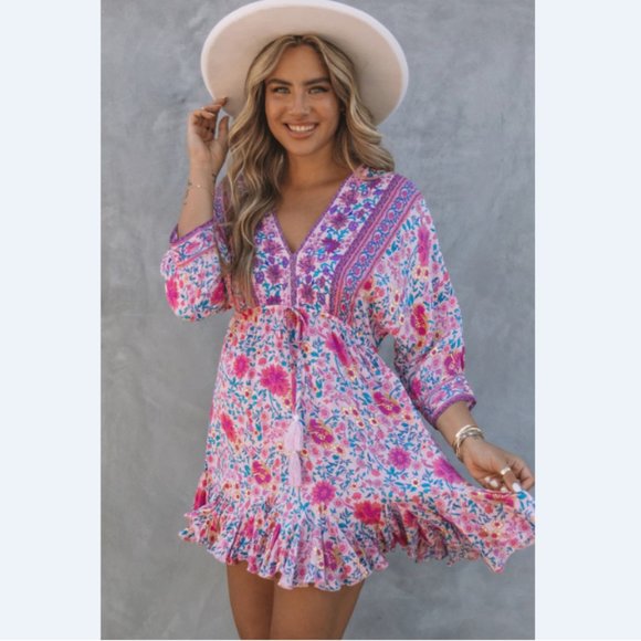 A Classy Chic Boutique Dresses & Skirts - Bohemian Ruffle Hem Drawstring Waist Mini Dress